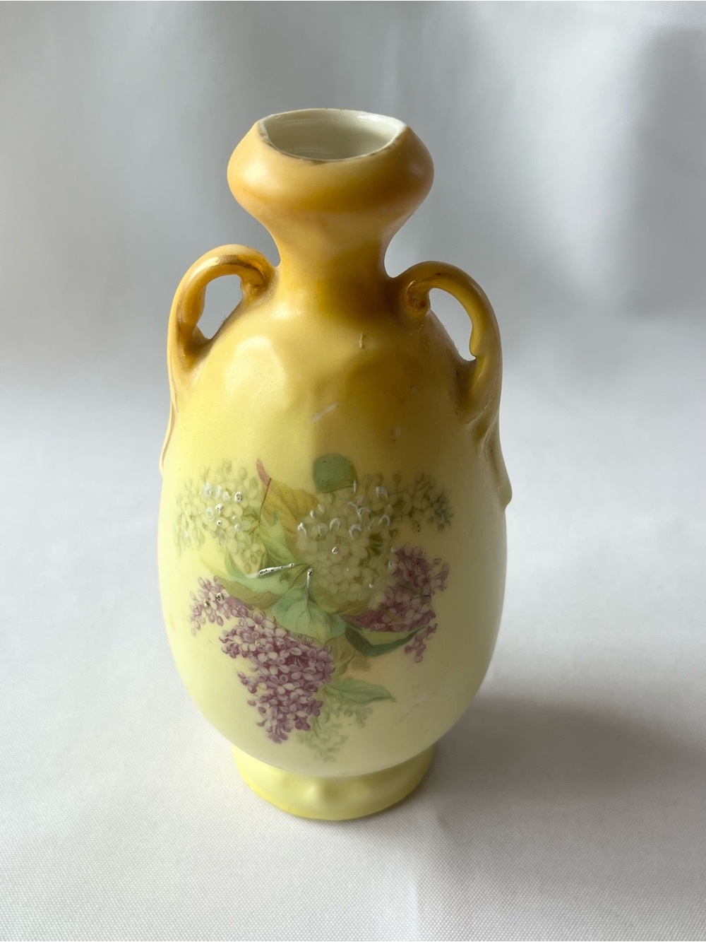 Vintage Bisque Small Double Handled Bud Vase with Hand Painted Lilac Flowers